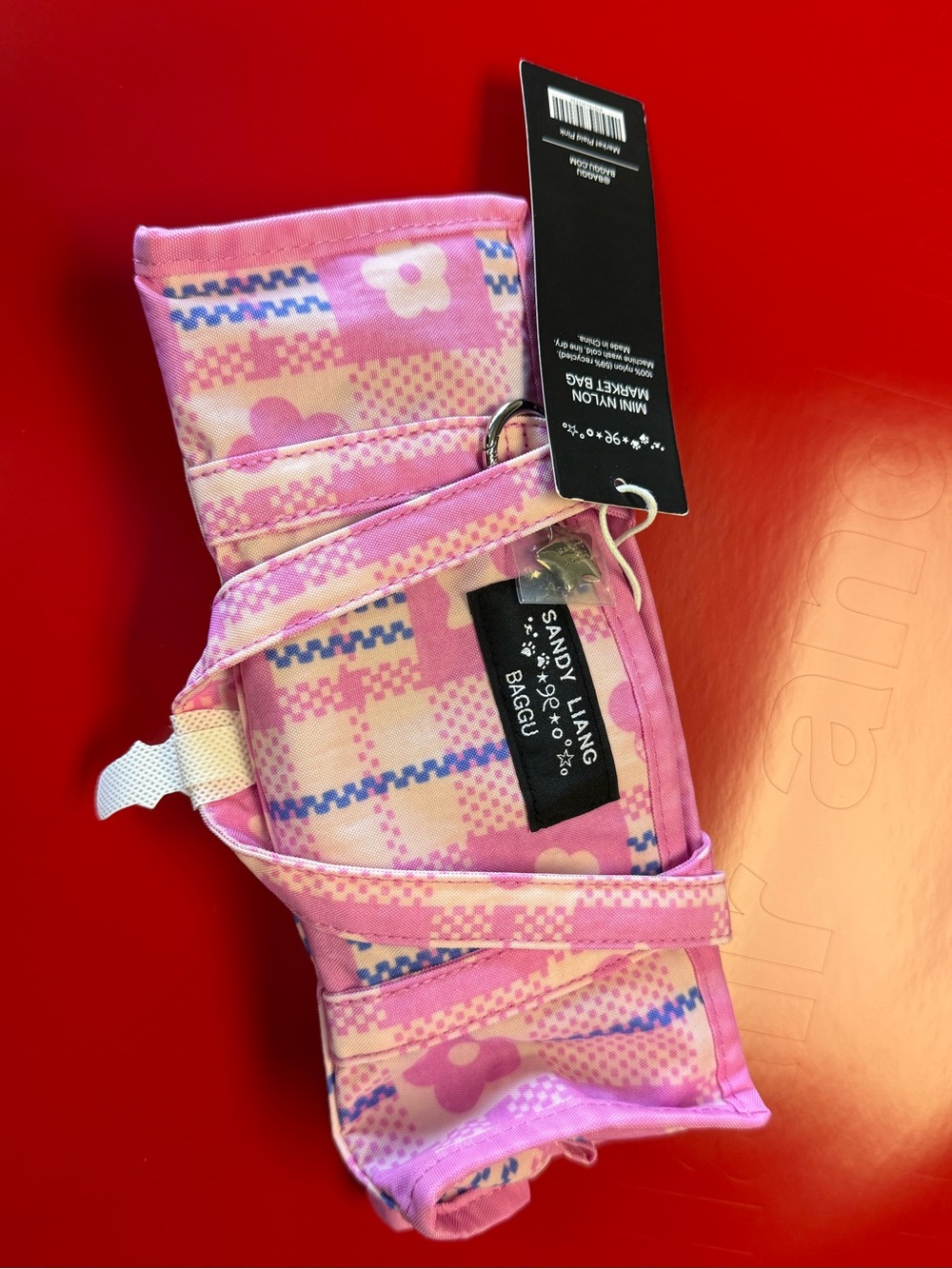 Baggu x Sandy Liang Mini Nylon Market Bag in Market Plaid Pink New with Tags NWT - Picture 11 of 11